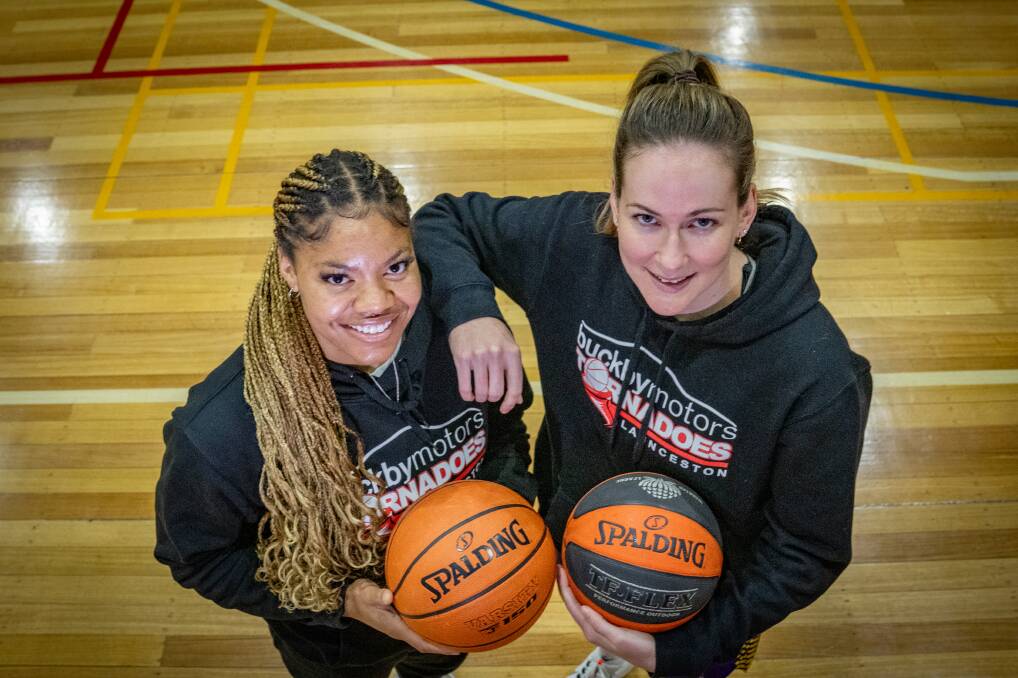 Launceston Tornadoes American import Trinity Oliver and Keely Froling at Elphin Sports Centre on Wednesday. 