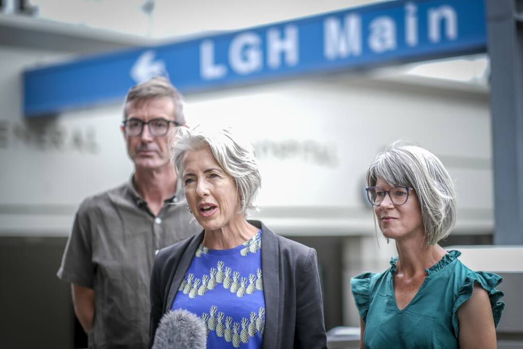 HACSU industrial manager Lucas Digney with Greens leader Rosalie Woodruff and Greens candidate for Bass Cecily Rosol at the LGH. Pictures by Craig George