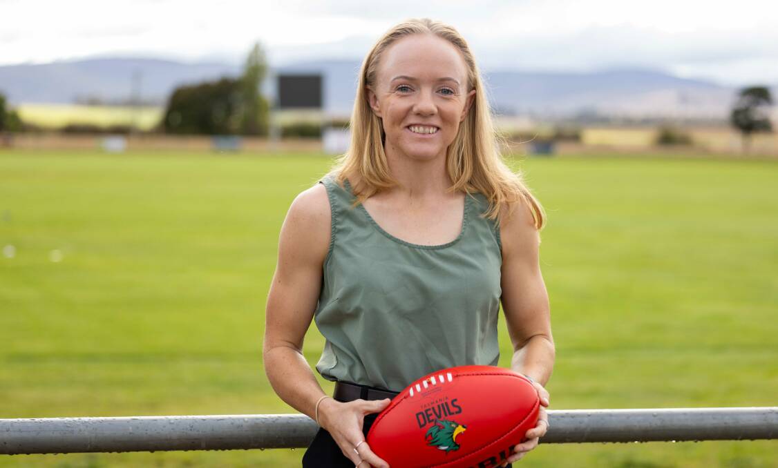 Tasmanian AFLW player Emma Humphries was part of Tasmania Football Club's launch of the Devils. Picture by Linda Higginson/Solstice Digital