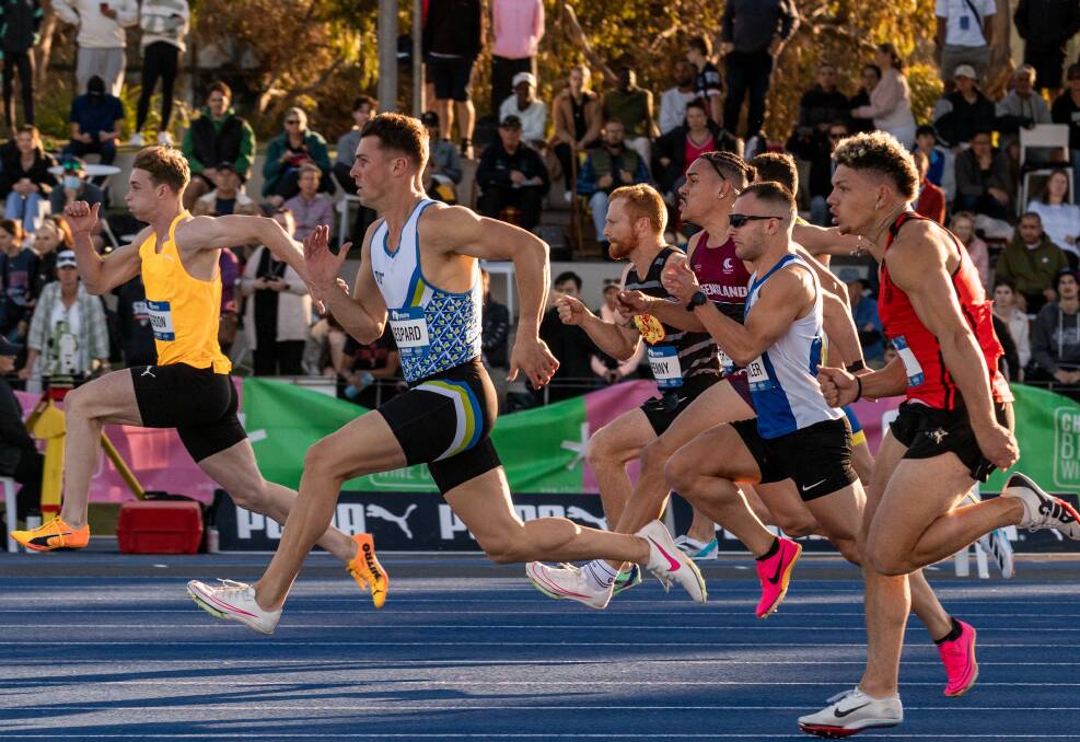 Jacob Despard in the 100m at the national athletics championships in Adelaide. Picture by Casey Sims / Athletics Australia