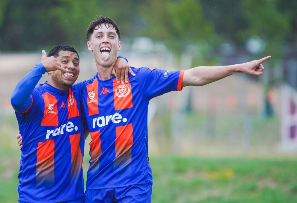 New Riverside teammates Emanuel Ponce and James Pelletier celebrate together during pre-season. Picture by Nembang Sushil