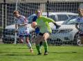 Launceston United goalkeeper Jaz Venn launches an attack against Glenorchy. Picture by Paul Scambler