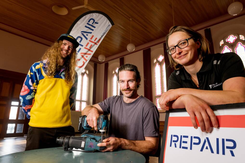 A new community sustainability project is helping turn people's trash into treasure. Pictured is Matt Gordon, Steve Postle and City of Launceston sustainability officer Alison Roush. Picture by Philip Biggs