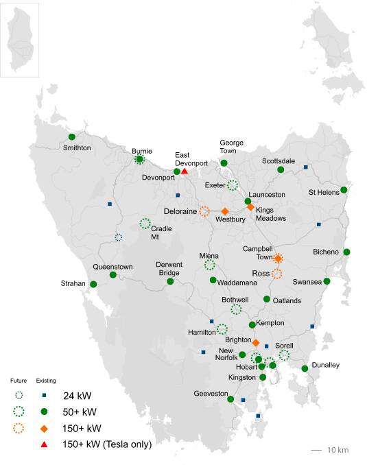 A current map of EV charging stations in Tasmania.