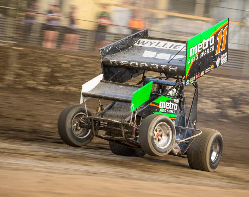 SPEED MACHINE: Jason Redpath launches his sprintcar off the corners at Hobart Speedway last season. Picture: Angryman Photography