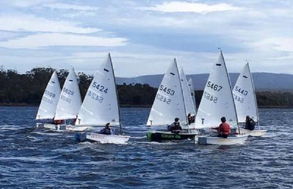 TIGHT START: Competition gets under way in the Tasmanian Sabot Sailing Association inter-club regatta at PDYC. The club's young sailors dominated the competition.