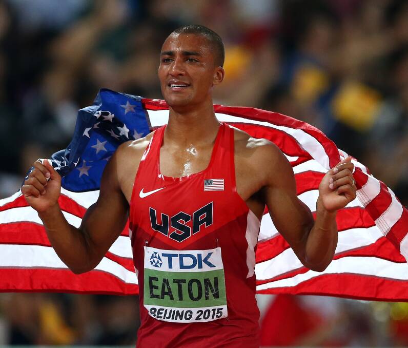 VICTORY: Ashton Eaton won gold in the overall men's decathlon and smashed the world record for decathlon points at the 2015 World Athletics Championships in Beijing. Picture: Cameron Spencer/Getty Images