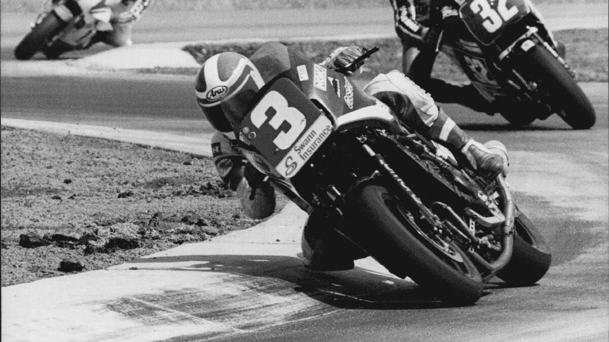 WILD RIDE: Team Honda Superbike ace Mal Campbell here leads four-times Australian Superbike Champion Rob Phillis (Suzuki) in 1985. Campbell had an outstanding career.