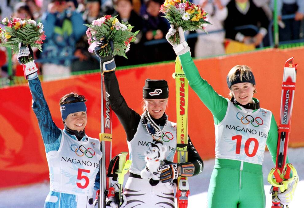MOMENTUM: Australia's Zali Stegall (r) celebrates her bronze medal in the Olympic special slalom race in Nagano, Japan in 1998. Picture: Dylan Martinez REUTERS