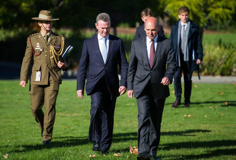TOUR: Captain Karl Dadds, Federal Defence Minister Christopher Pyne and Senator Stephen Parry visiting the Australian Maritime College in Launceston on Wednesday. Picture: Scott Gelston