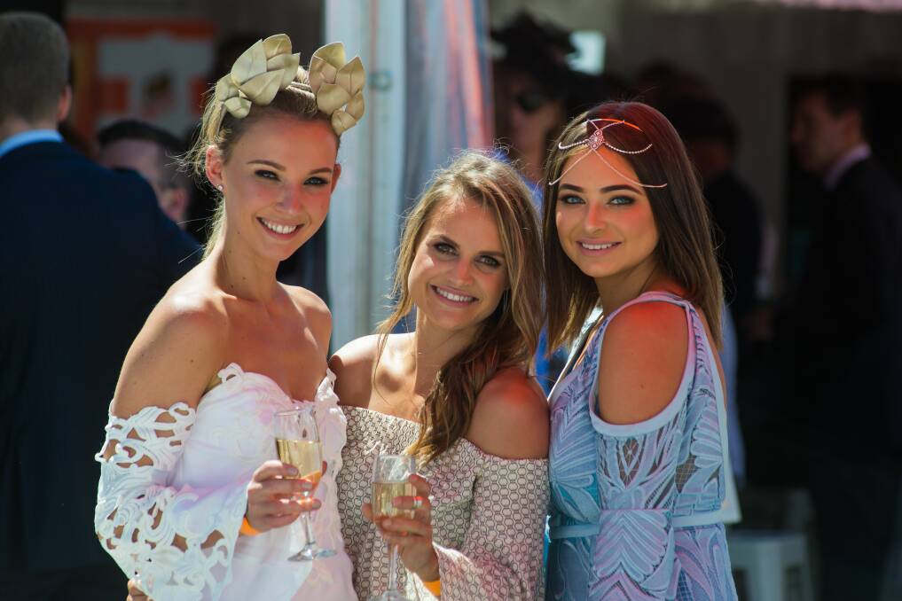 FROCK ON: Brogan Howie-Wootton, Lauren King and Kiara Duhig enjoying a ladies day out at the Tasmanian Turf Club on Wednesday for the Launceston Cup.