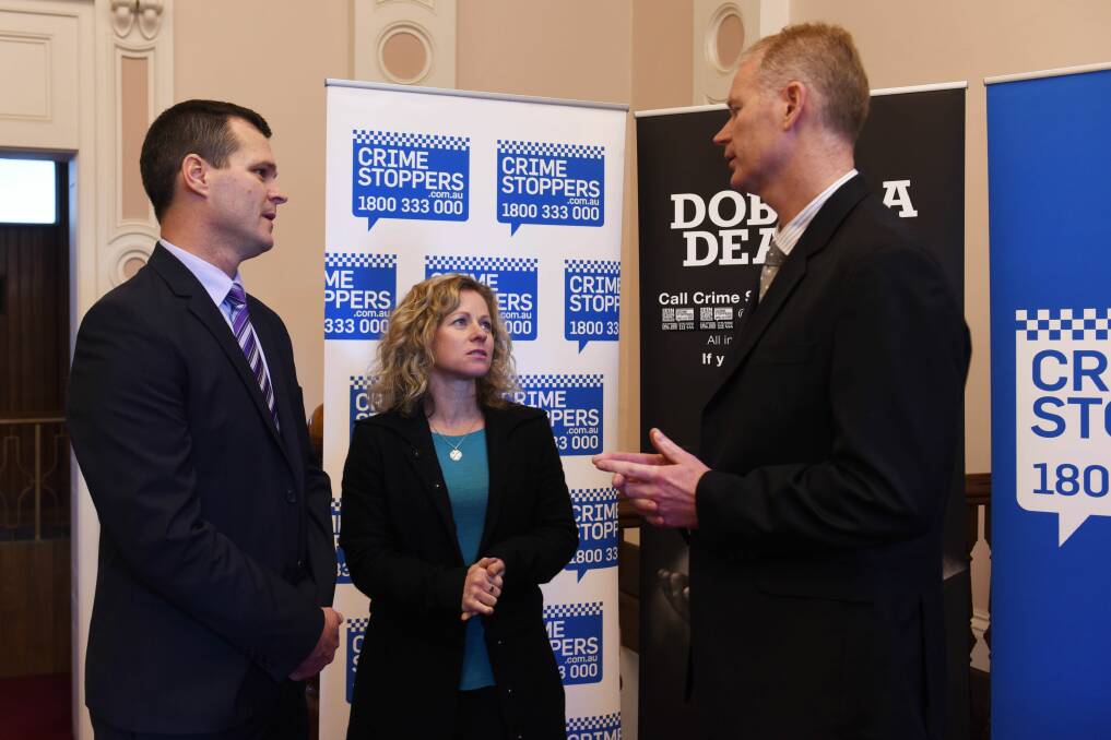 DRUG BUST: Crime Stoppers Tasmania General Manager Ron Franks and Chair Amanda Castray with Detective Inspector John King at 'Dob in a Dealer' Launceston launch. Picture: Scott Gelston.