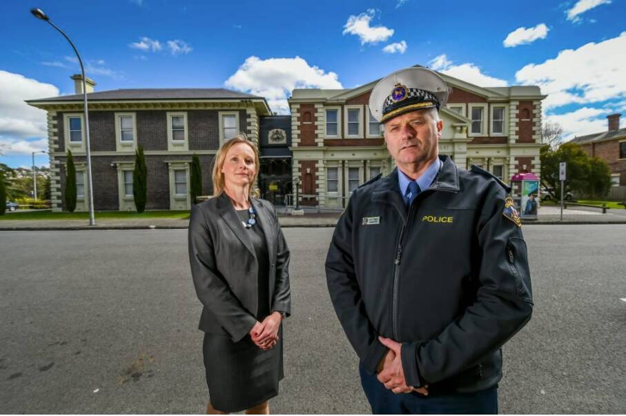 Bass Liberal MHA Sarah Courtney with Tasmania Police Northern Commander Brett Smith discussing the state government's plan to remove police from the Launceston Supreme Court. Picture: Phillip Biggs
