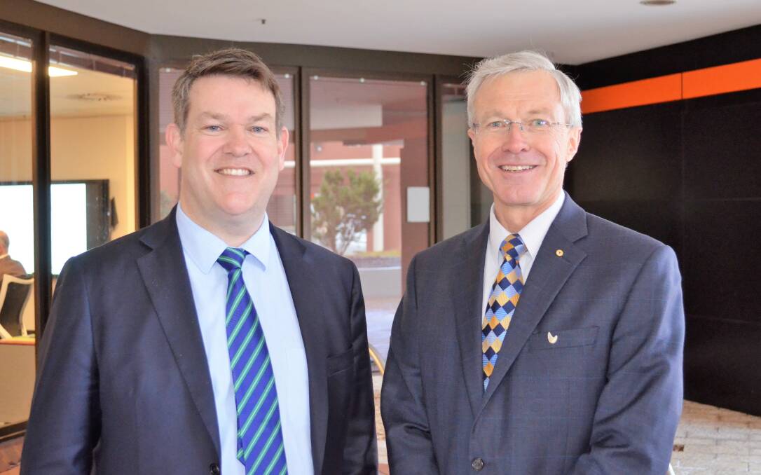 State Growth Minister Matthew Groom with Tasmania's new defence advocate Rear Admiral Steve Gilmore.