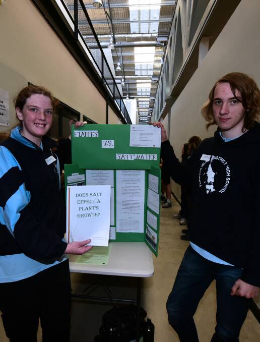 SCIENTISTS: Amber Matthewson, 14, and Lochie Nichols, 15, from Flinders Island District High School compete at the Science Investigation Awards. Picture: Neil Richardson