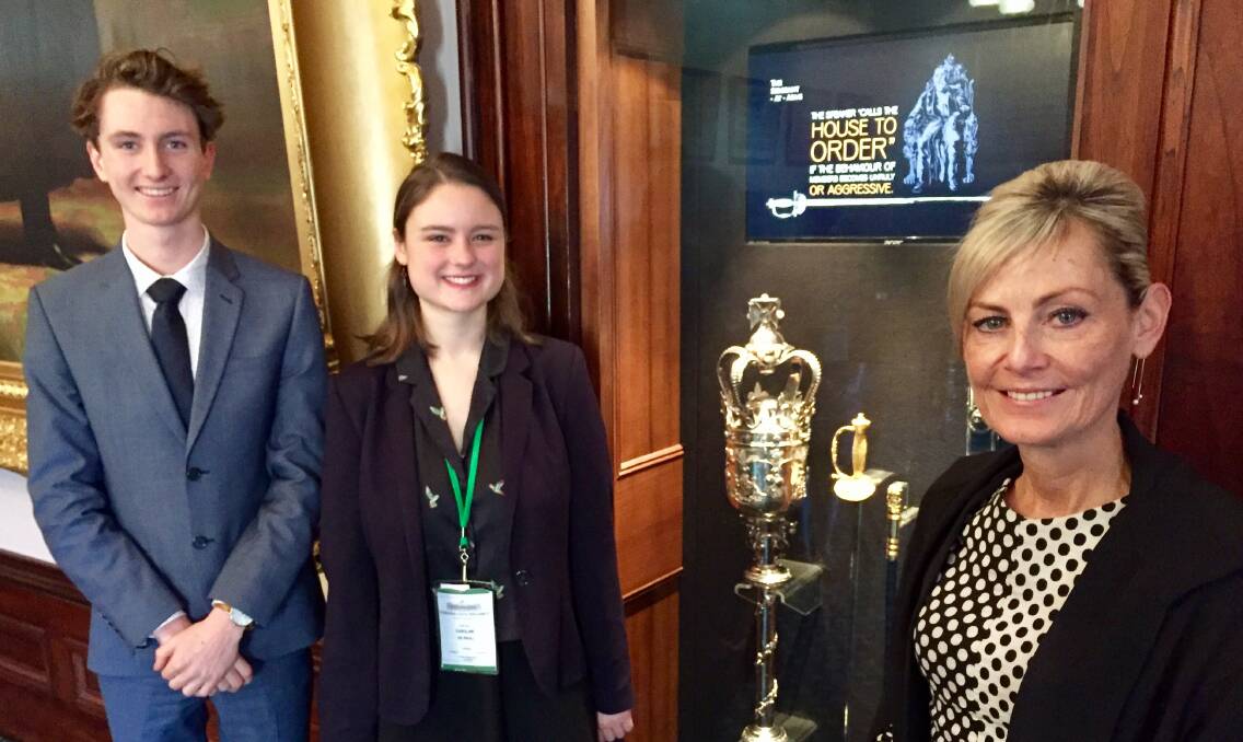 PARLIAMENT: Former Launceston student Dylan Seckold-Bamford with Tasmanian Youth Parliament convener Caroline De Paoli and Speaker Elise Archer at Hobart's Parliament House. Picture: Michelle Wisbey