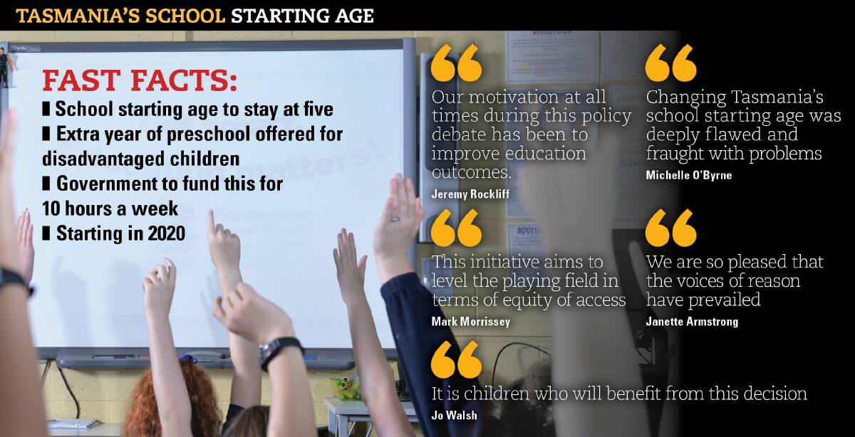 SCHOOL STARTING AGE: Tasmania's school starting age will remain at five years old, but a new program will aim to support disadvantaged and vulnerable children into the early education and care sector. 