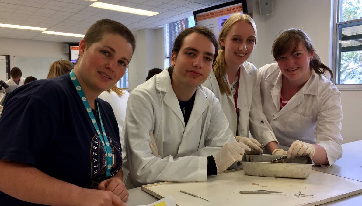 LEARNING: University of Tasmania Antarctic marine scientist Nicole Hellessey with Thomas Godfrey, from Launceston College, Eloise Knuckey, from Scotch Oakburn College, and Claire Barwick, from Calvin Christian School. 