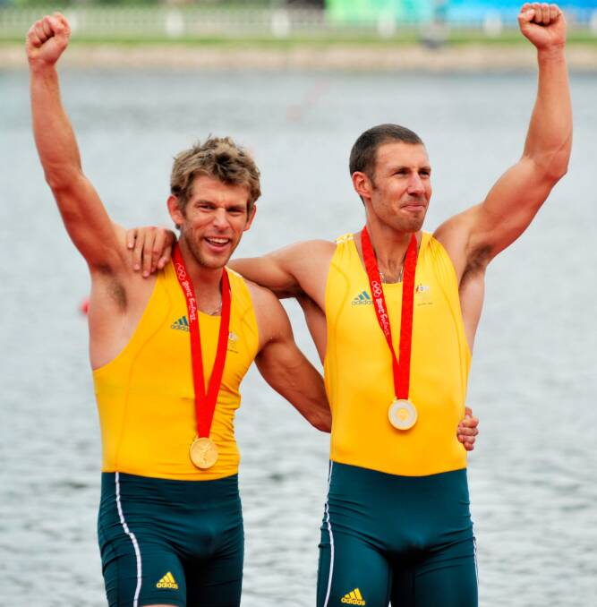 WINNERS: David Crawshay and Scott Brennan after winning gold at the 2008 Beijing Olympics. Picture: Fairfax Media