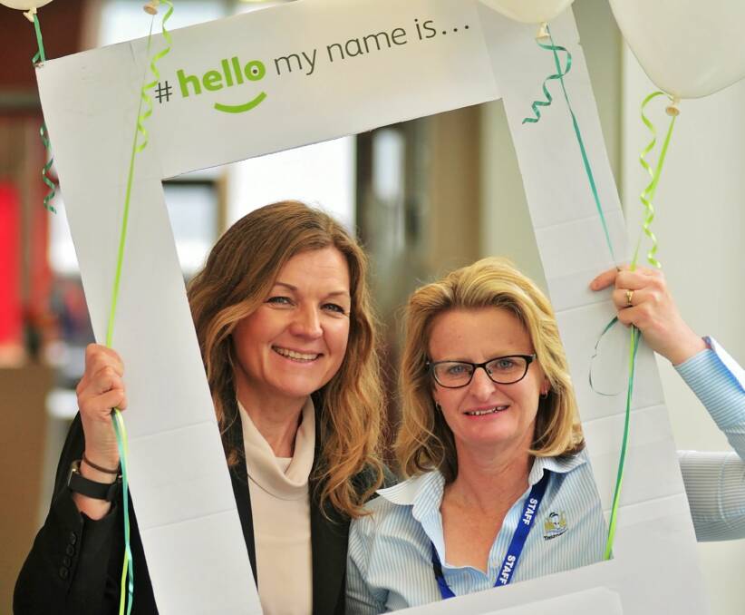CAMPAIGN: UTAS School of Health Sciences senior lecturer Dr Shandell Elmer and DHHS program support officer Lisa O'Toole encourage health workers to join the 'Hello my name is...' campaign. Picture: Phillip Biggs 