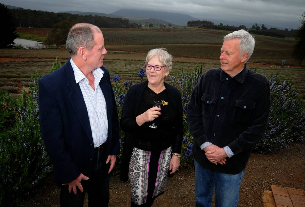 Bridestowe Lavender Estate MC for the launch Nigel Mercer, committee member Edwina Powell and owner of Bridestowe Lavender Estate Robert Ravens.