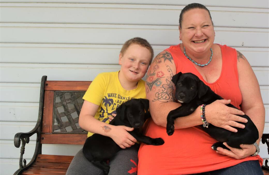 Jude Hicks and his mother Katie with their two foster puppies Becky and Baxter from the RSPCA. Picture: Carly Dolan
