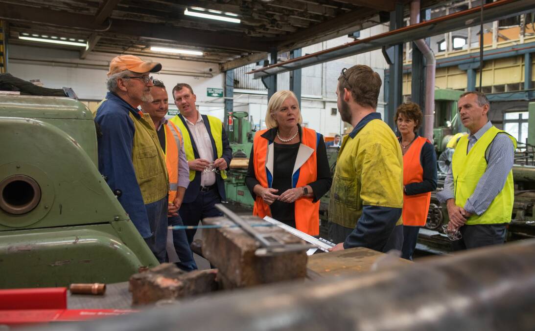 Vocational Education and Training assistant Minister Karen Andrews talks with Glasgow Engineering apprentice Josh Street during a visit to Launceston on Wednesday. Picture: Scott Gelston