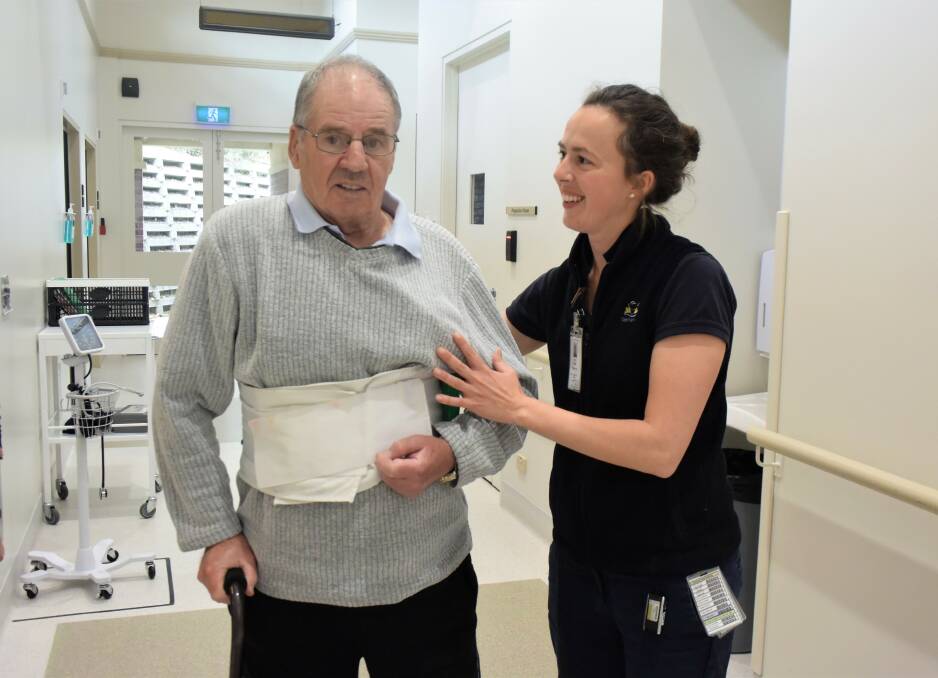 RECOVERY: George Town's Wayne Ackerly is learning to walk again after a massive stroke, with the help of physiotherapist Amy Rathjen, and the rest of the team at the John L Grove rehabilitation centre. Picture: Carly Dolan