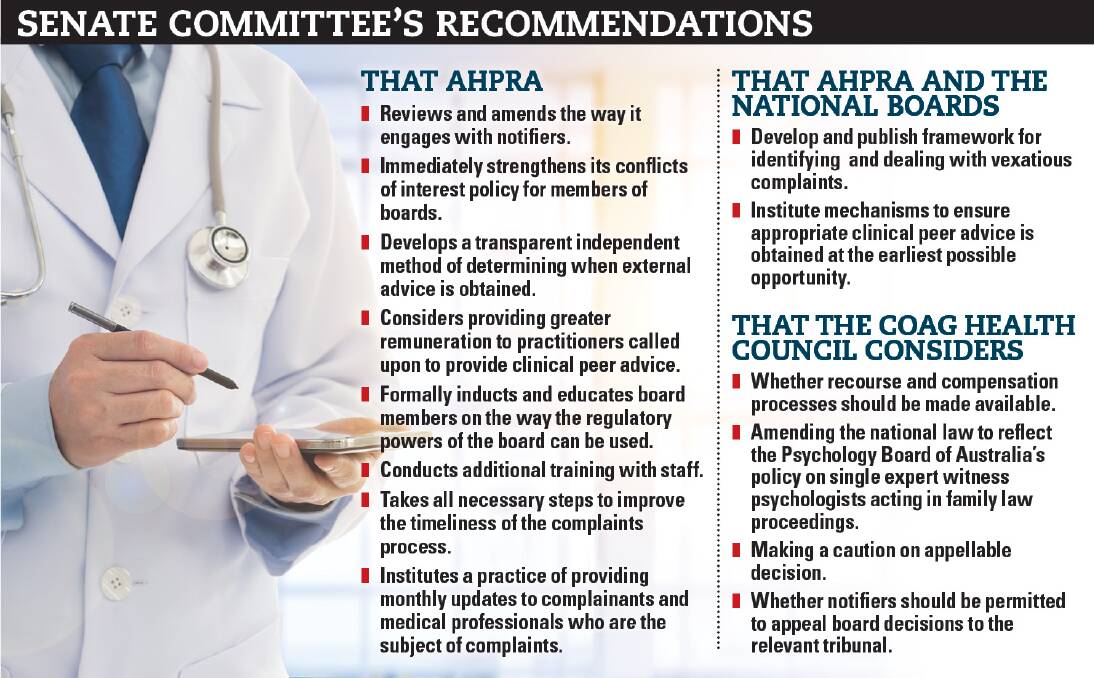 RECOMMENDATIONS: A Senate committee has made 14 recommendations following an inquiry into the complaints mechanism administered under the Health Practitioner Regulation National Law.