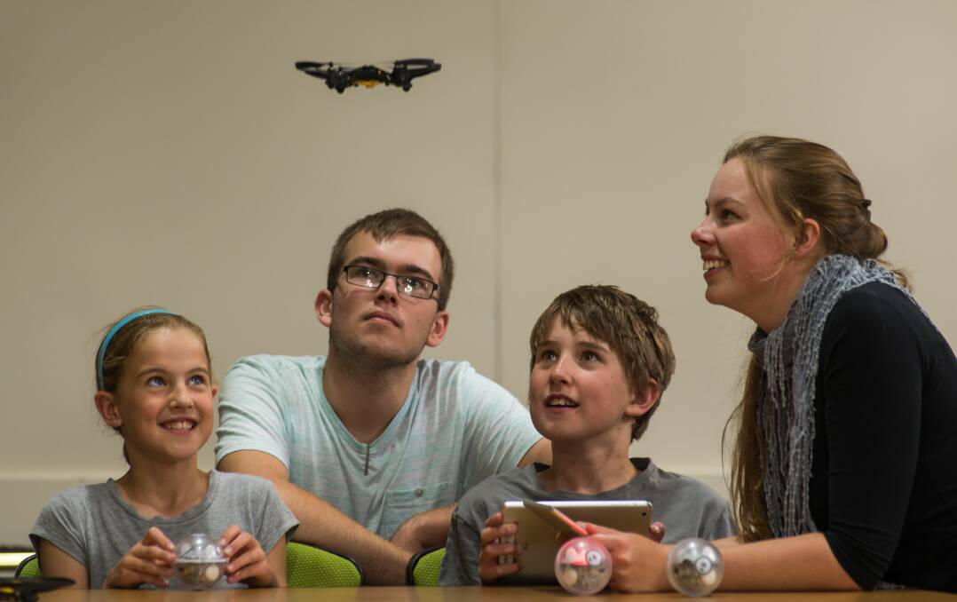 NEW SKILLS: Ruby Cook, Declan Rixon, Will Cook and Bridgette Kaminski practice their drone flying skills in the lead-up to the robots and drones computer programming course run by Bitlink. Picture: Phillip Biggs