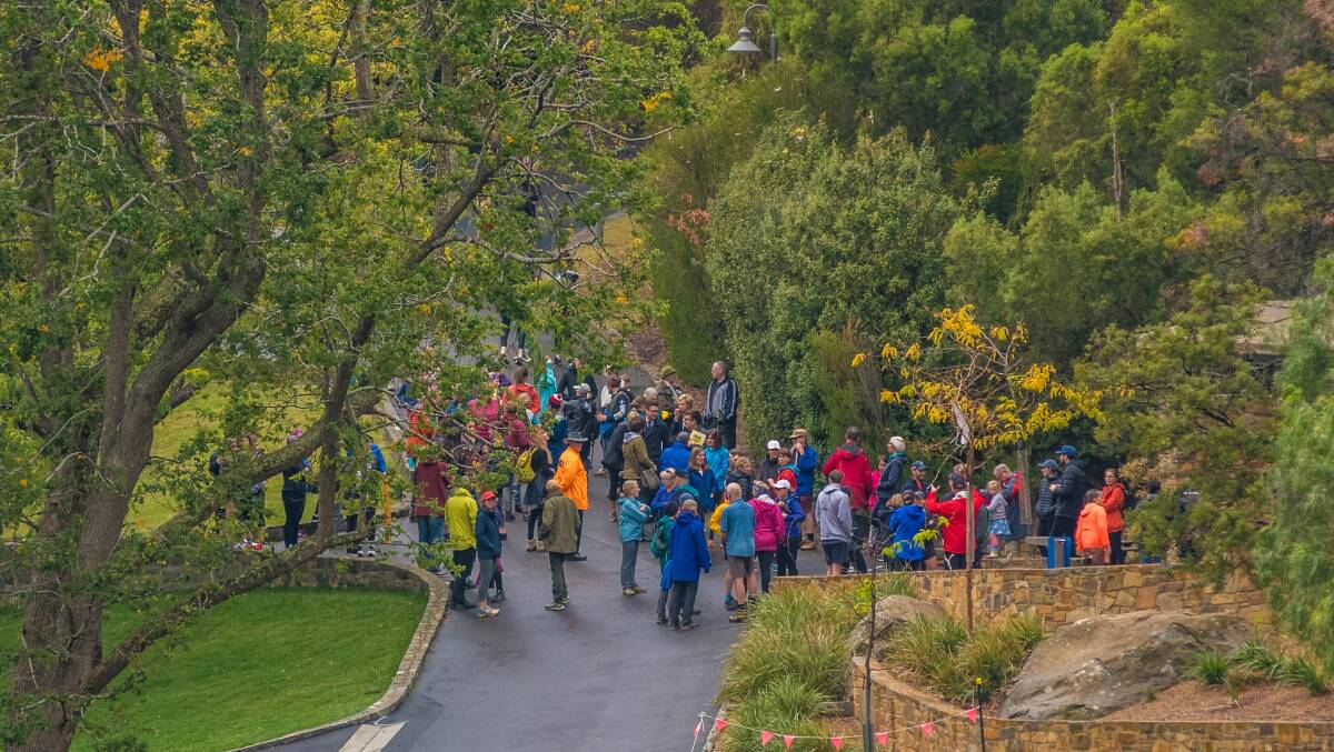 About 100 people attended the Reclaim the Duck walk on Sunday in response to the assault of a woman near Duck Reach Power Station last week. Picture: Phillip Biggs