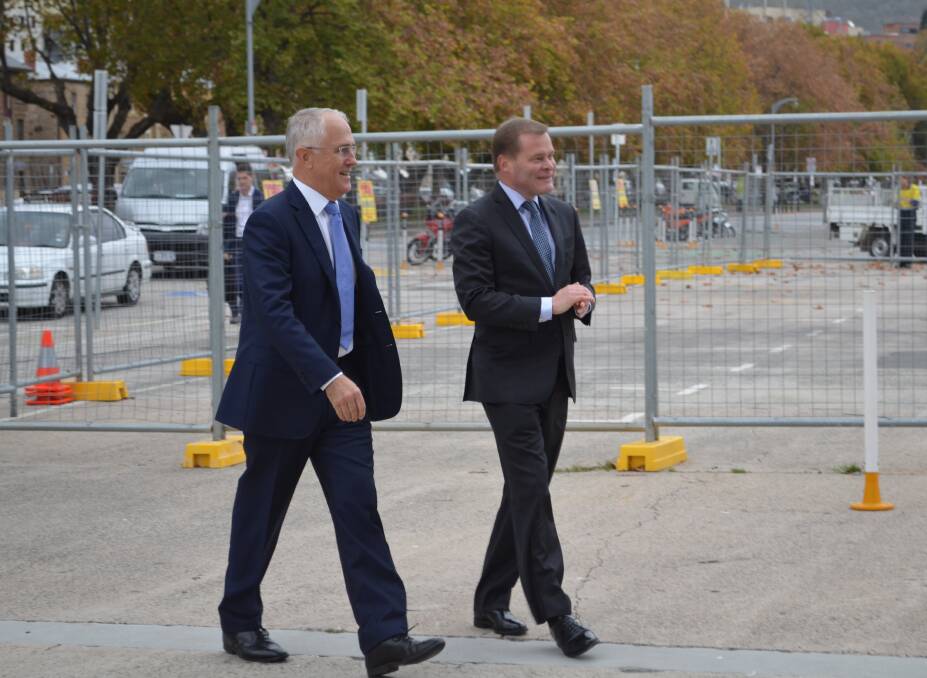 TALKS: Prime Minister Malcolm Turnbull and University of Tasmania Vice Chancellor Peter Rathjen in Hobart on Thursday morning. Picture: Georgie Burgess