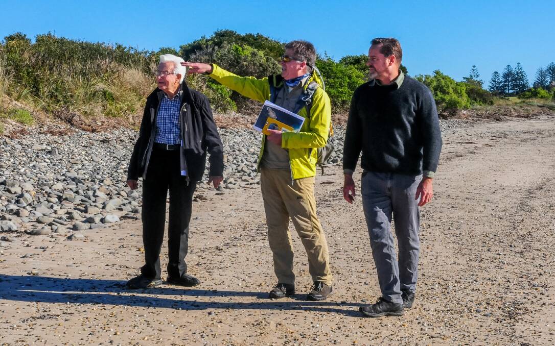 Penguin mapping: Friends of Low Head Penguin Colony's Bruce George, Dr Eric Woehler and Peter Whish-Wilson. Picture: Neil Richardson