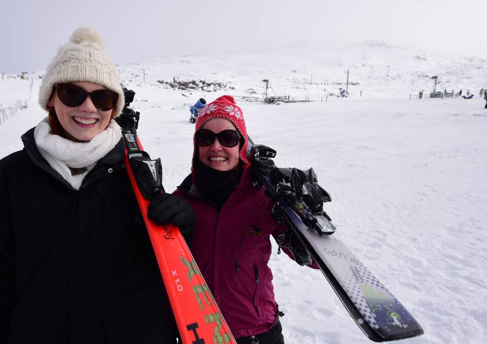 SKI LESSON: Friends Adelaide Bartholomew of Sydney, and Sophie Bullock of Hobart, prepare for their ski lesson on the slopes of Ben Lomond.
