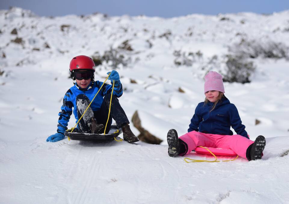FAMILY FUN: Reuben Chilcott, 8, of Launceston, with his cousin Amelia Wicks, 6, of Hobart, dust off their toboggans for the first time this season.
