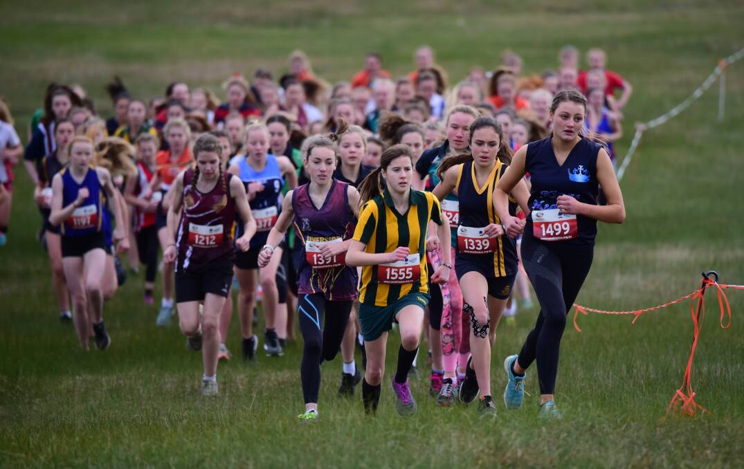 Off you go: Maddison Donaldson, of Kings Meadows High School, leads Erin Giles, of St Pat's College, in the under-15 girls' race. Pictures: PAUL SCAMBLER