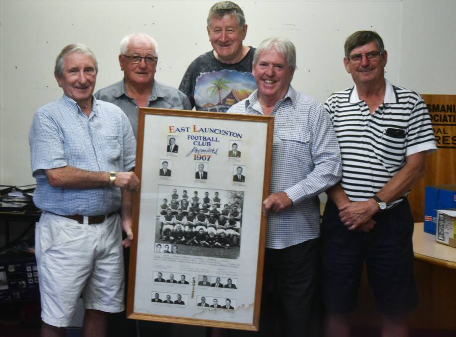 PREMIERS: East Launceston 1967 players Craig Prior, Peter Webb, Max Hudson, Phil McGee and Laurie Lodge reminisce. Picture: Neil Richardson
