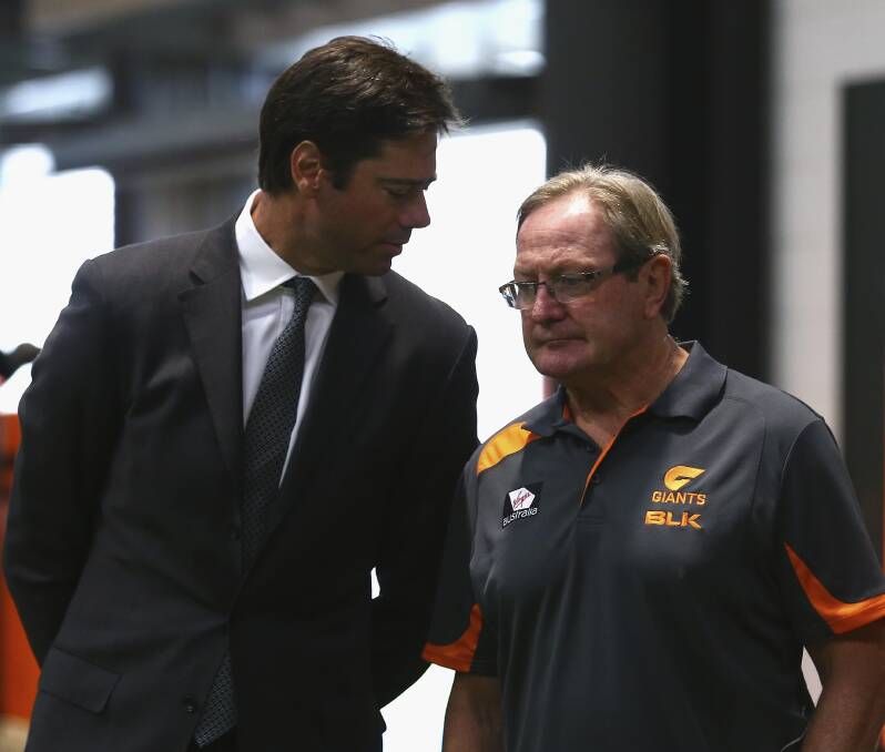 POWER PLAYERS: AFL chief executive Gillon McLachlan and Greater Western Sydney's inaugural coach Kevin Sheedy. Picture: Getty Images