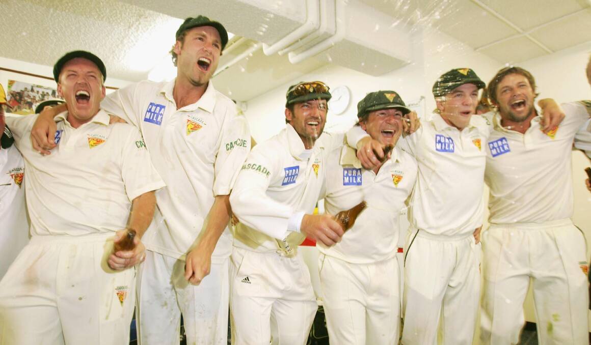 HAPPIER TIMES: Damien Wright, Adam Griffith, Michael Di Venuto, Dan Marsh, Tim Paine and Ben Hilfenhaus celebrate the Tigers' victory in the Pura Cup final at Bellerive Oval on March 23, 2007, in Hobart. Picture: Getty Images
