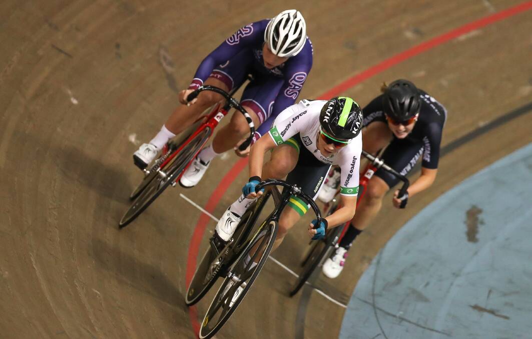 Amy Cure on her way to winning the omnium. Picture: Con Chronis