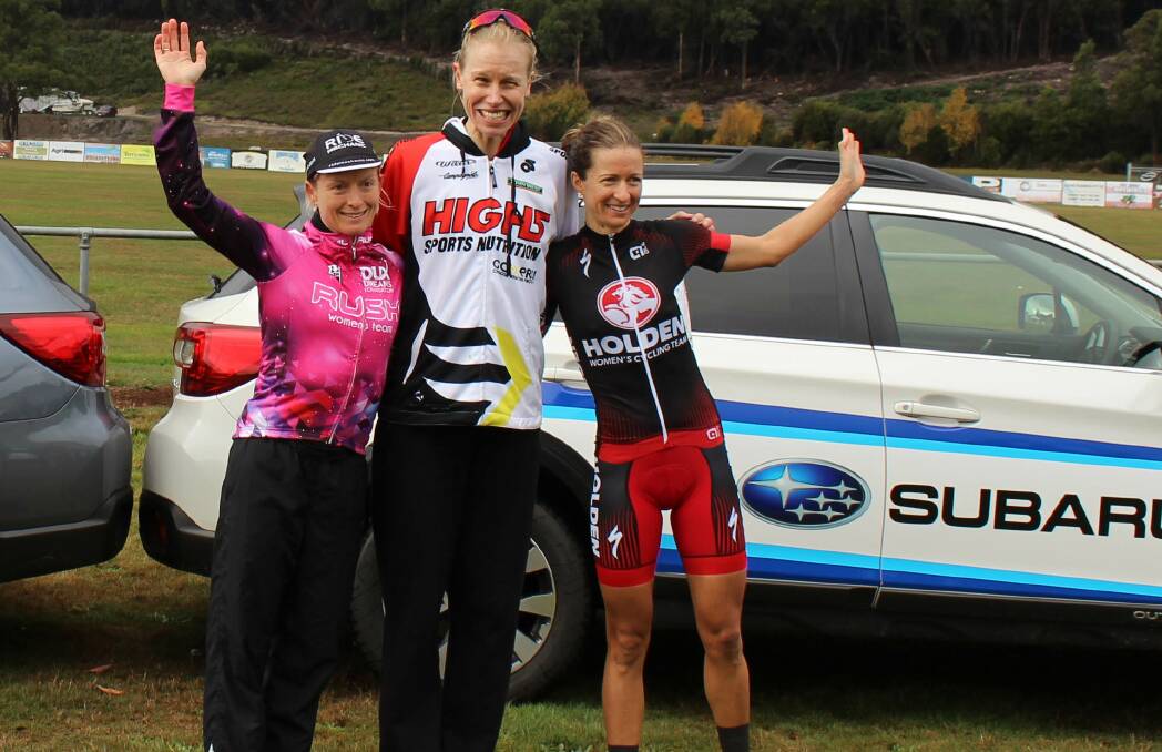 PODIUM: Mersey Valley stage 2 placegetters Ruth Corset, Lisen Hockings and Miranda Griffiths after a gruelling day two of the tour. Picture: Caitlin Johnston/Cycling Australia