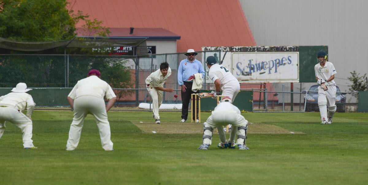 Westbury's Matthew Battle bowling from the Southern end to South's Mark Nutting.