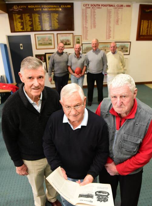 REDLEGS: Graeme Wilkinson, Paul "Badger" Luttrell and Berkley Cox (front) look back at City-South history with Crichton Hall and Roly Muir, Bill Woolcock and Brian Hardman (back). Picture: Paul Scambler