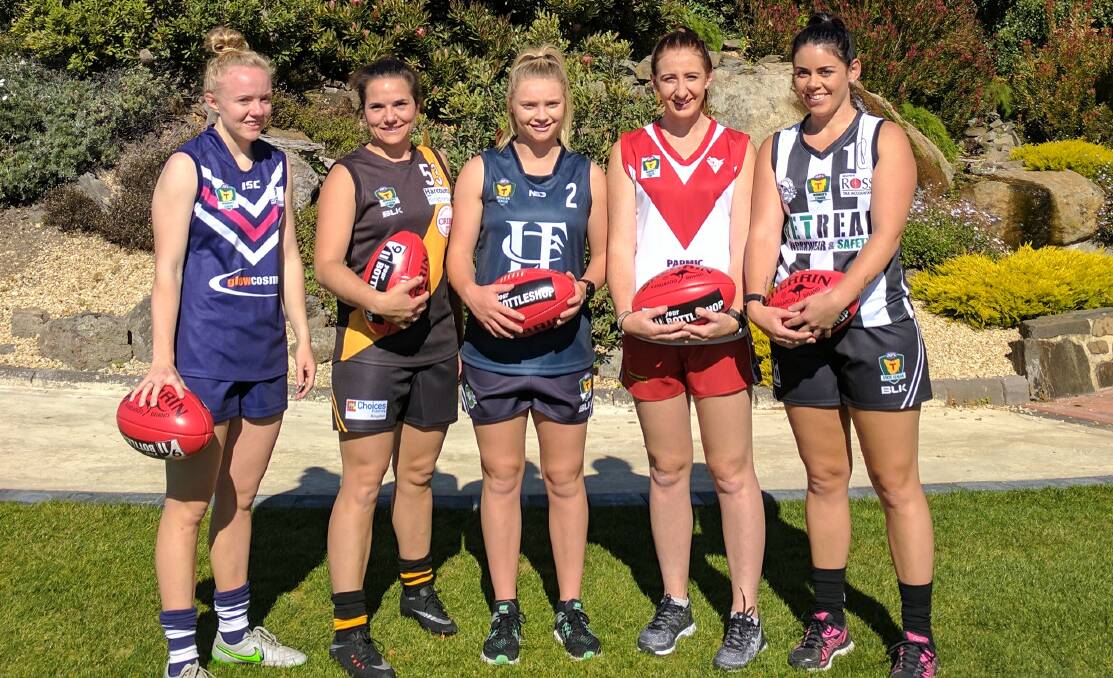 TSLW: Players Emma Humphries (Burnie), Kristy Baker (Tigers), Daria Bannister (L'ton), Zoie Crawford (Clarence) and Rachael Siely (Glenorchy).
