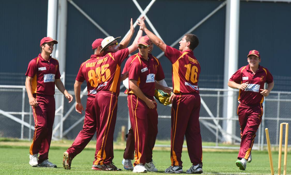 HIGH FIVES: Mowbray players celebrate a wicket in their Greater Northern Cup grand final victory over Riverside from last season.