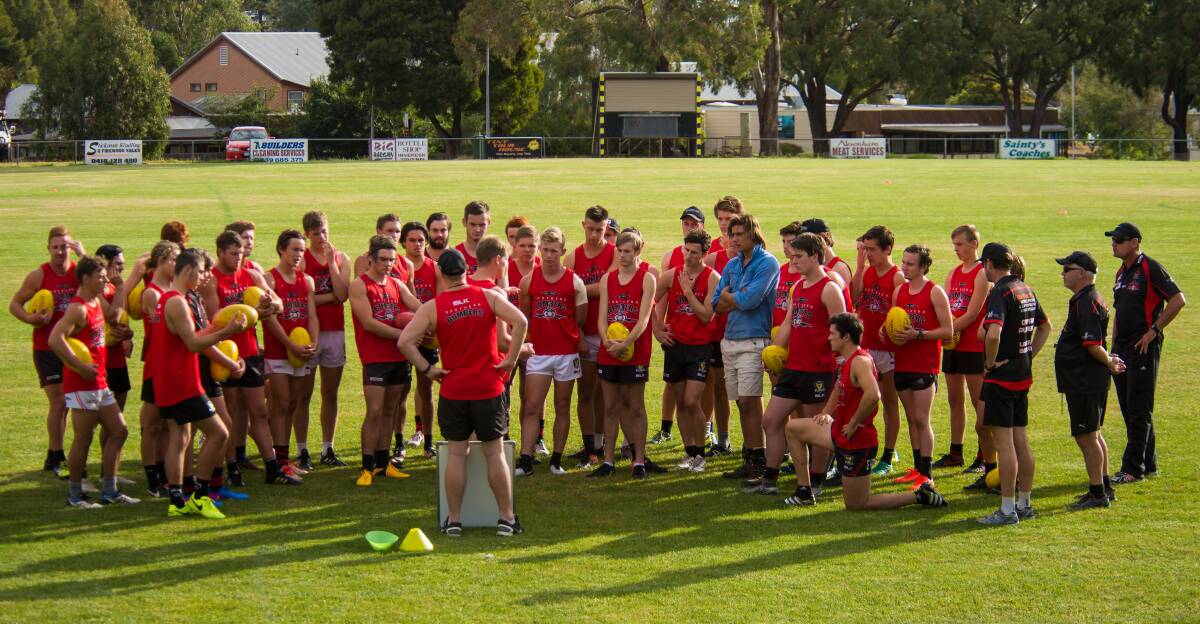 GAME PLAN: North Launceston coach Tom Couch talks tactics to his playing group as they prepare for the 2017 TSL season. Pictures: Phil Biggs