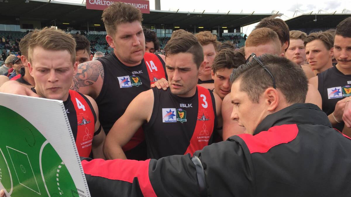 Parting shot: Littlejohn giving his final address to his North Launceston players during the 2016 state league grand final against Glenorchy in Launceston.