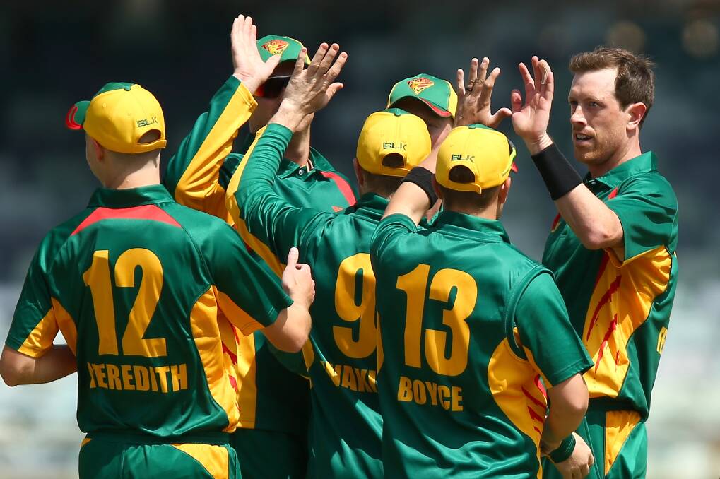 HAPPIER TIMES: The Tigers celebrate a wicket during their loss to Western Australia in the JLT One-Day Cup at the WACA Ground on Wednesday. Picture: Supplied.