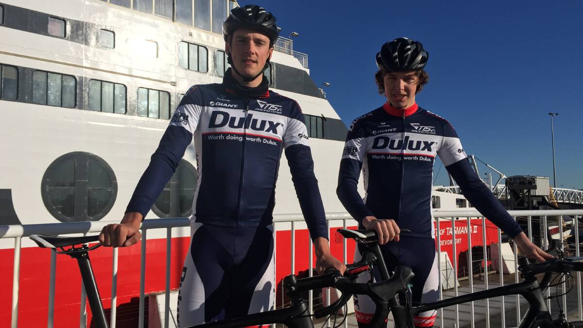 READY TO RIDE: TIS Racing Team riders Michael Astell and Jake Oliver at the Tour of Tasmania's sponsorship announcement on Wednesday. Picture: Alex Fair