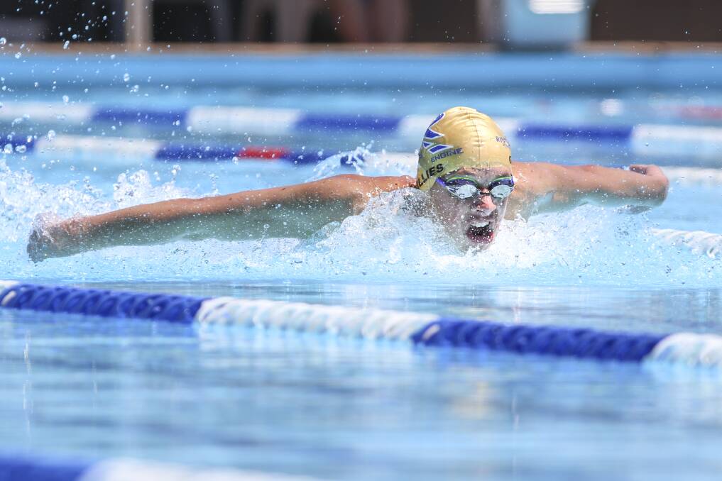 ON THE FLY: Riverside's Kiaran Gillies in the 15-16 boys 100m butterfly at the Burnie 100 on Saturday. Picture: Cordell Richardson